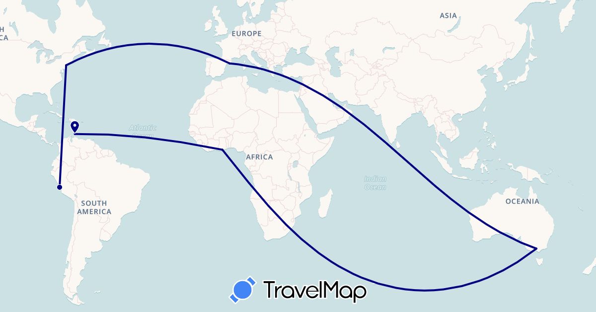 TravelMap itinerary: driving in Australia, Spain, Ghana, Netherlands, Peru, United States (Africa, Europe, North America, Oceania, South America)